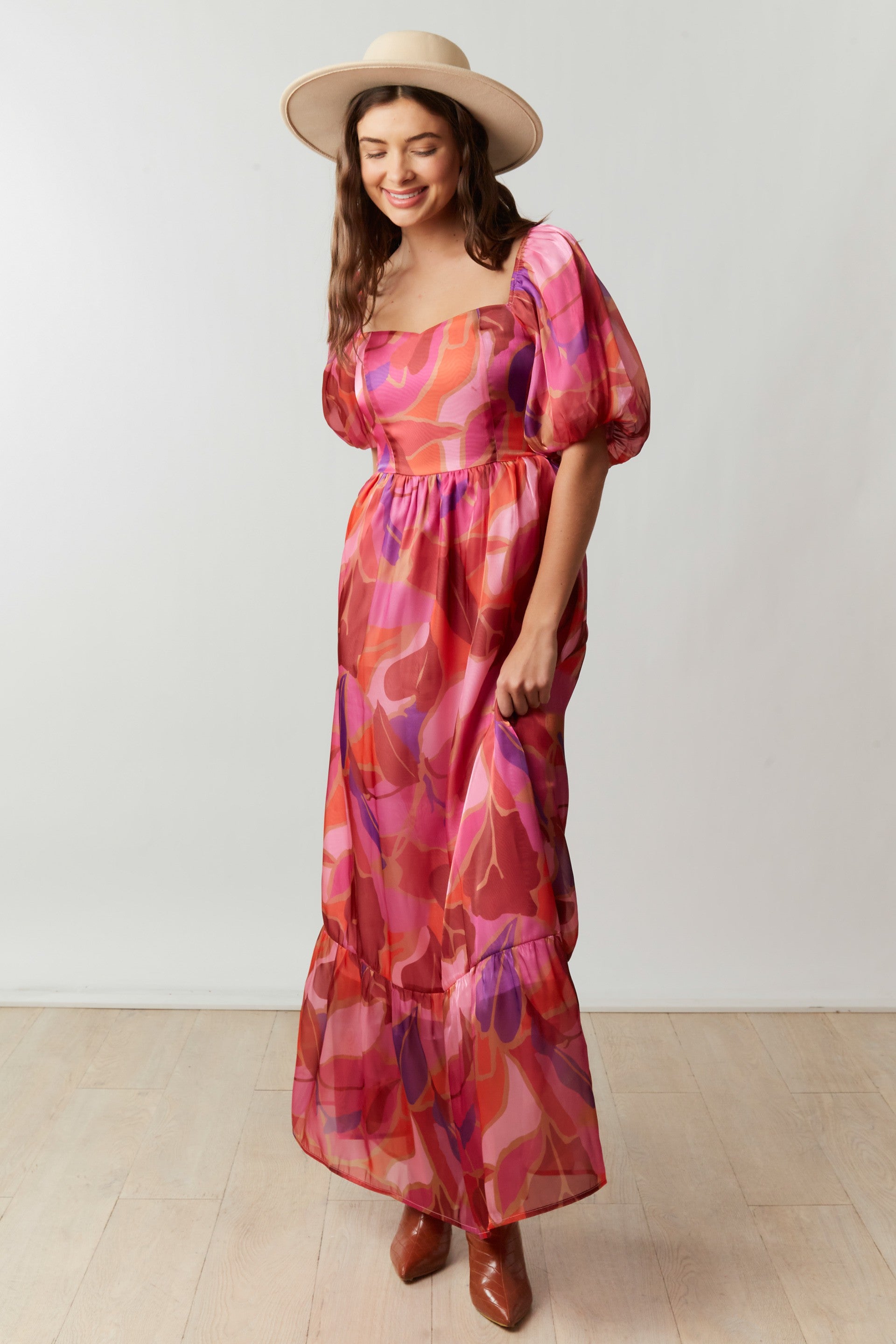 pink organza maxi dress Romance That Wows Magenta Floral Print Organza Maxi Dress