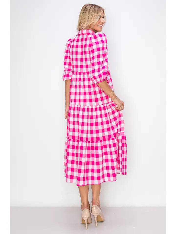 Magenta Checkered Tiered Dress