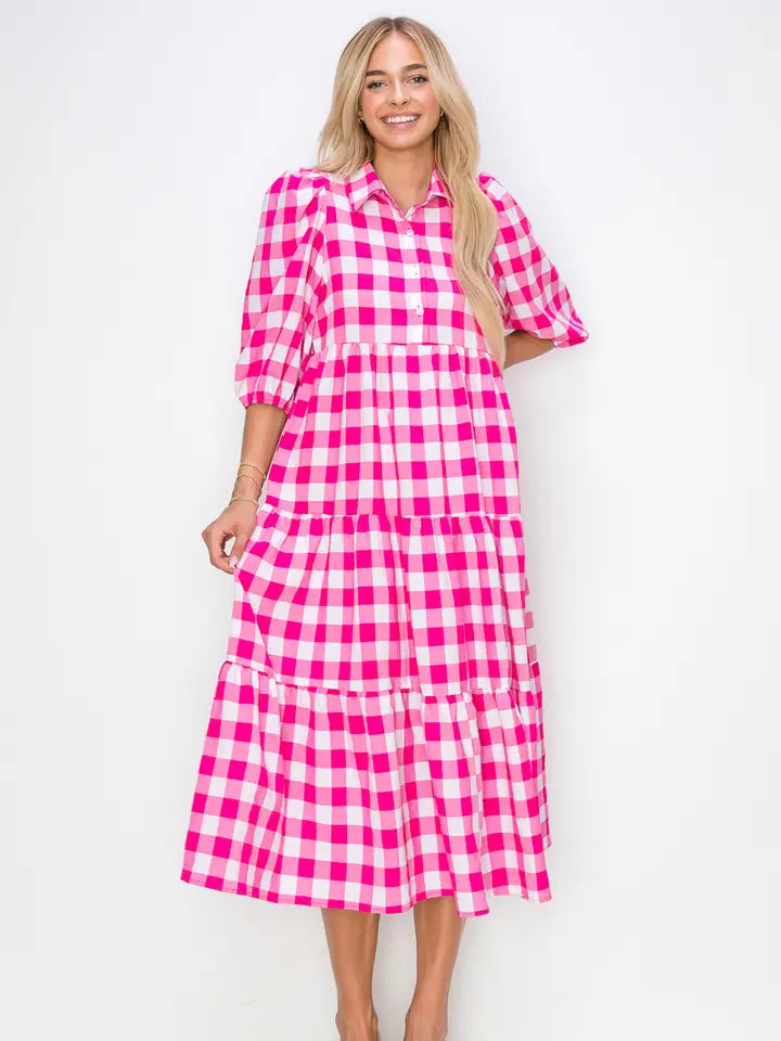 Magenta Checkered Tiered Dress