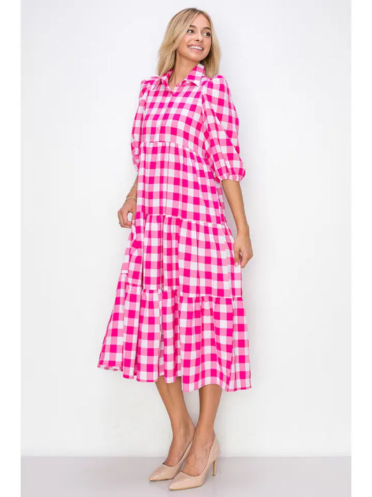 Magenta Checkered Tiered Dress