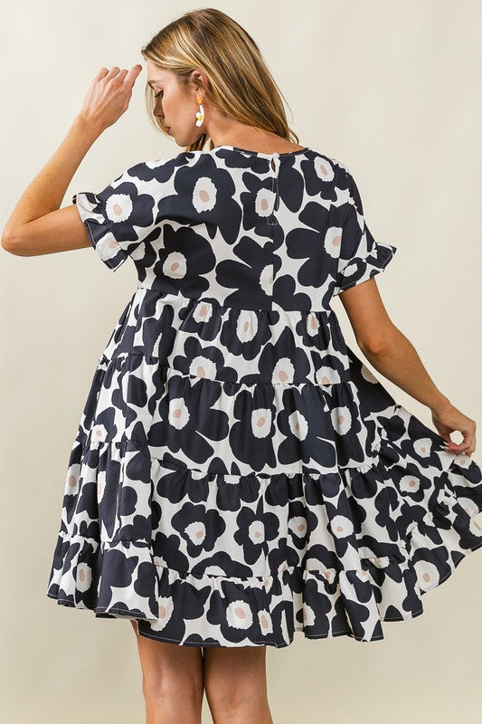 Charcoal Flower Print Ruffled Tiered Dress