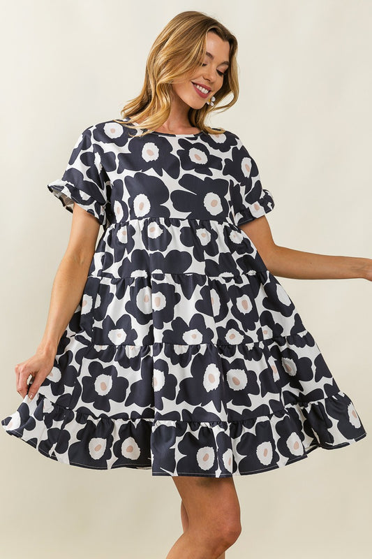 Charcoal Flower Print Ruffled Tiered Dress