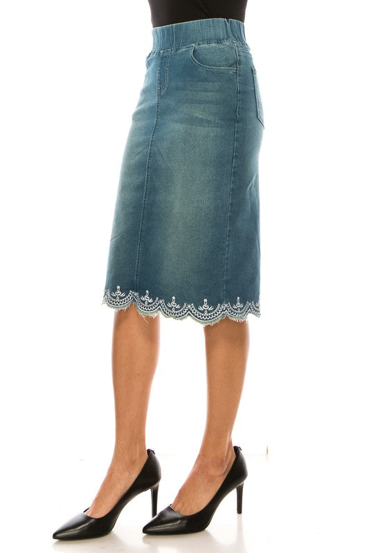 Embroidered Stretch Denim Skirt