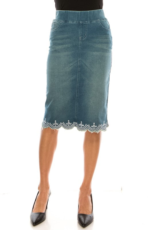 Embroidered Stretch Denim Skirt