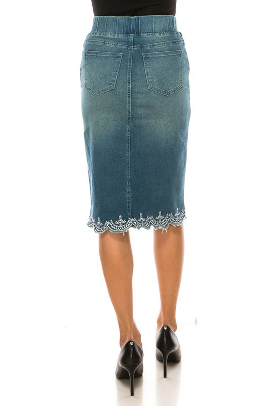 Embroidered Stretch Denim Skirt