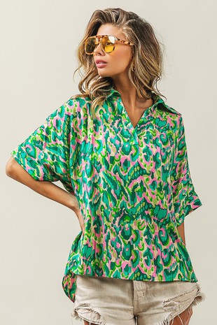 Jade Multi-Print V-Neck Top