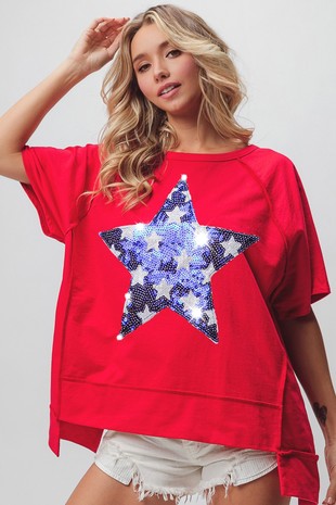 Red Star Sequins Over-sized Shirt