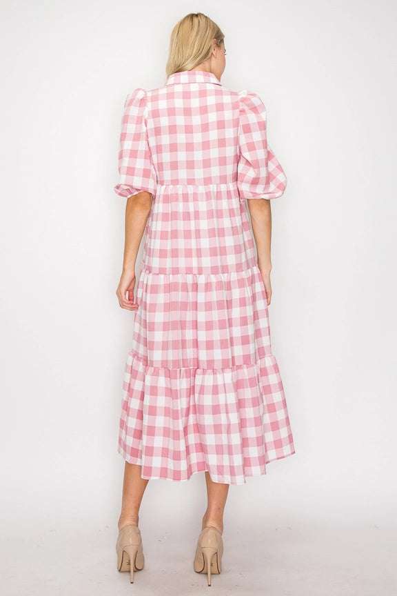 Pink Checkered Tiered Dress