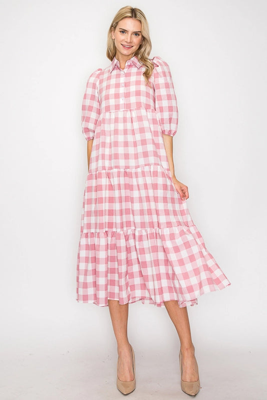 Pink Checkered Tiered Dress